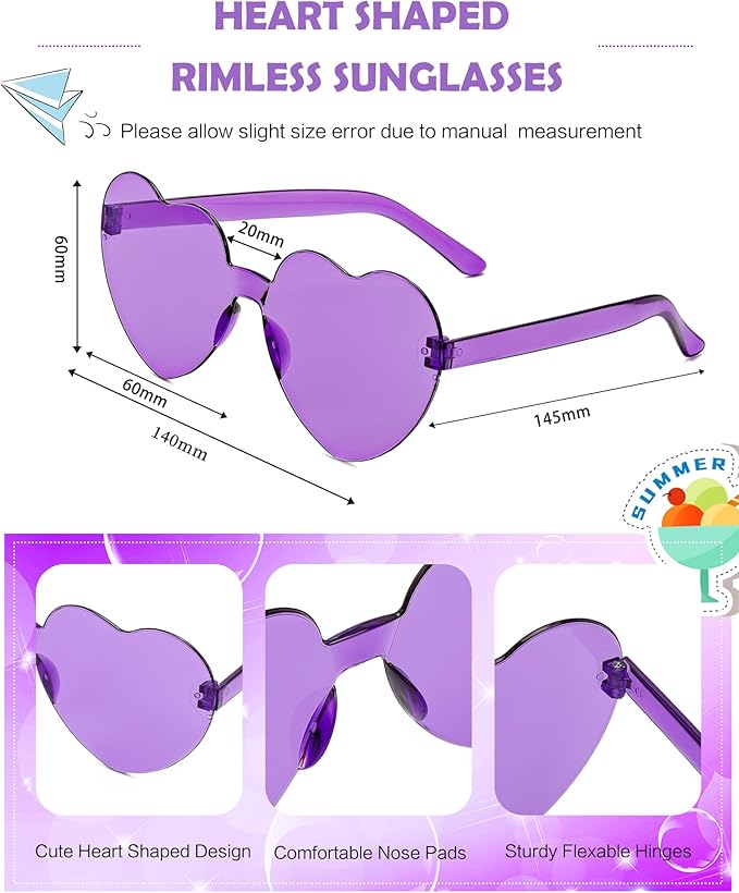 20 Pairs Heart Shaped Sunglasses Bulk, Colorful Rimless Fun Heart Sunglasses for Women Party Favors