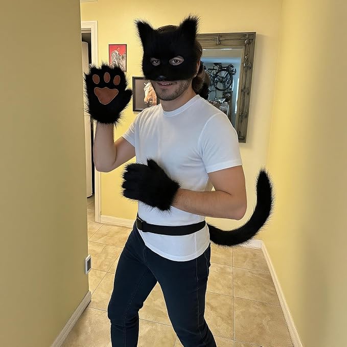 Fox Mask Wolf Fox Tail Cat Cosplay Set: Furry Mask + Paw Gloves + Tail, Ideal for Halloween & Themed Parties