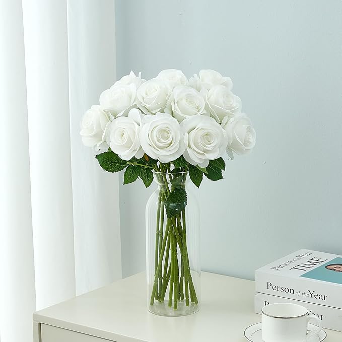 12pcs Roses Artificial Flowers Fake Roses White Silk Roses Flowers Rose with Long Stems for Wedding Home Party Centerpieces Decorations