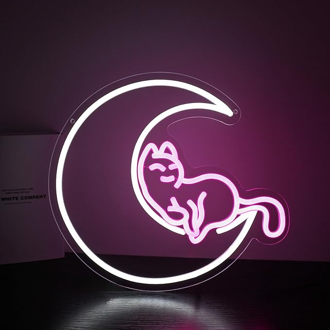 Neon Sign, HSJNJKFU Moon Cat Neon Signs for Wall Decor White Pink LED Cat Signs for Man Cave Room Home Party Birthday Beer Signs - Neon Light USB Powered