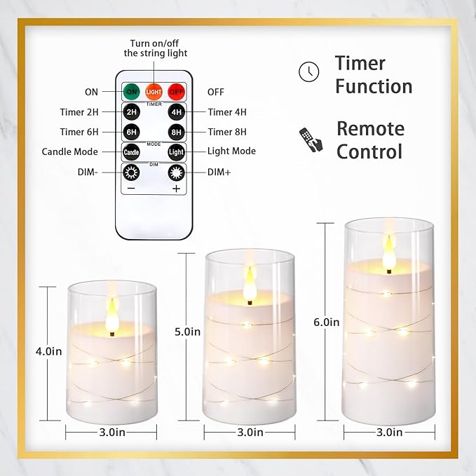 NURADA Flickering Flameless Candles: Built-in Star String Lights Acrylic 3D Wick Battery Operated LED Pillar Candles with Remote and Timer for Romantic Mood Home Decoration - 3 Pack Pure White