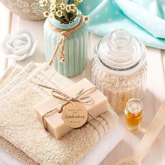 G2PLUS Thank You for Celebrating with Us Tags, 2.2in Original Design Kraft Paper Gift Tag, 100 PCS Thank You Present Tags with String for Gift Wrap, Wedding, Baby Shower, Holiday Party Favor (Brown)