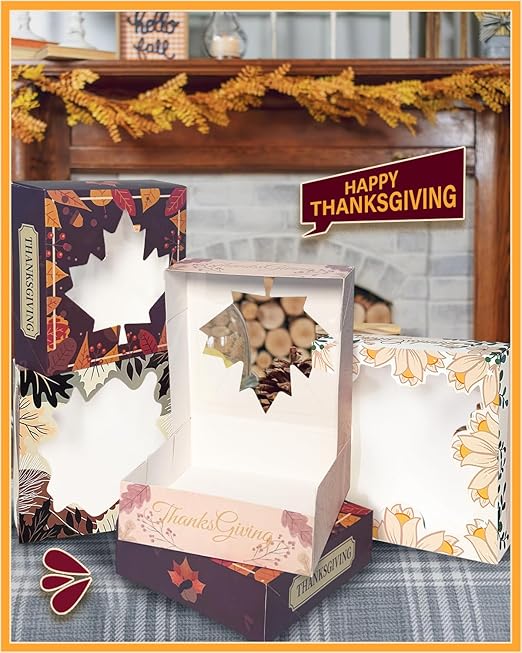 qiqee Thanksgiving Cookie Boxes with Window Fall Maple Leaf Bakery Treat Box for Fall Harvest Wedding Thanksgiving Party Supplies (30packs 8x8x2.5)