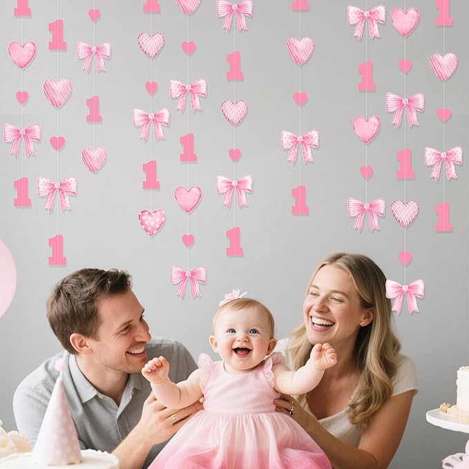 Pink Bow 1st Decorations Pink Plaid Twill Polka Dot Heart Bow Hanging Streamer Garland Banner for Happy First Birthday Girls Just Wanna be One Bday Decor 1st Anniversary Party Decorations Supplies
