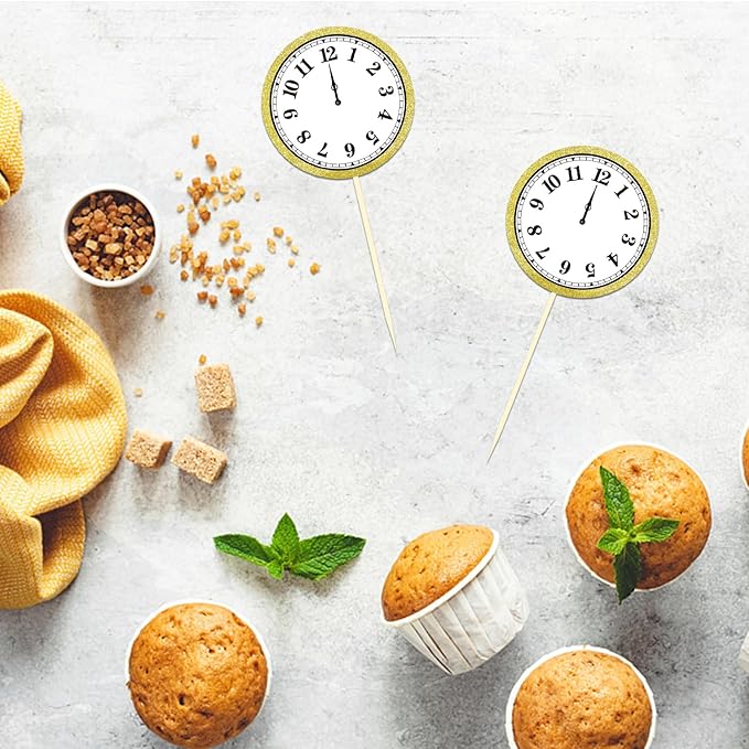 24PCS Midnight Clock Cupcake Toppers, Happy New Year Cake Picks, 2025 Eve Cake Topper for New Year's Eve Party Decorations Supplies (Clock A)