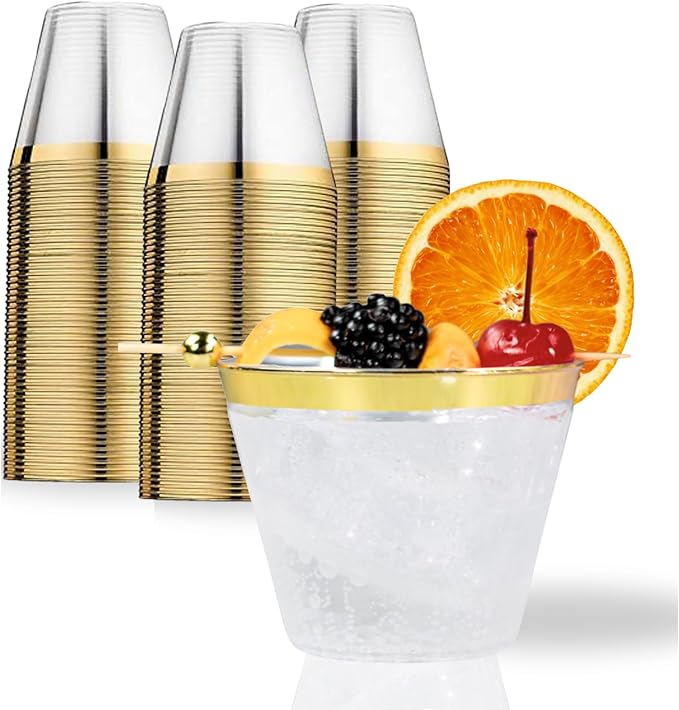 Perfect Settings 110 Gold 1 Line Clear Plastic Cups 9 Ounce- Holiday Wedding Party Elegant Trimmed Disposable Cups - Fancy Wedding Cups