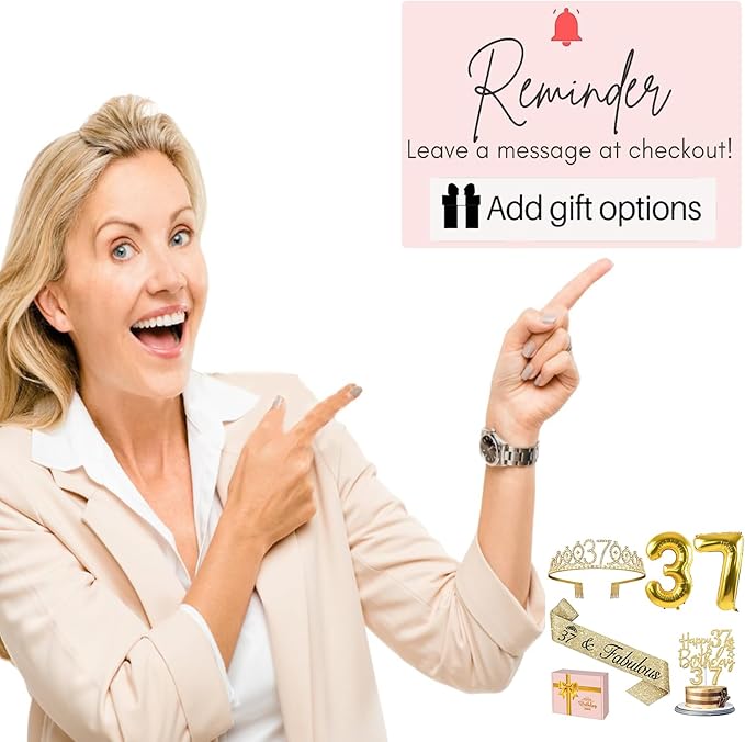 37th Birthday Decorations for Women Gold with 37th Birthday Sash and Tiara, Cake Topper and Candles, Number Balloons, 37 Year Old Gifts for Women