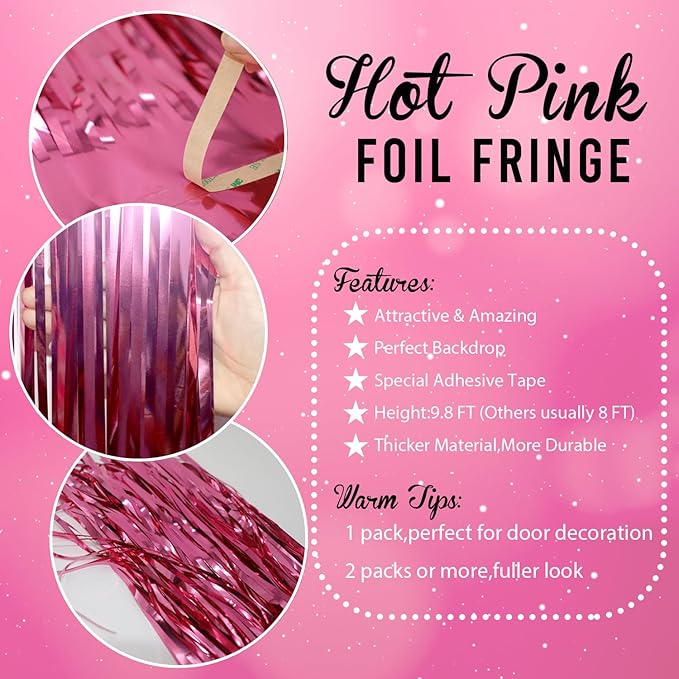 GOER 3.2 ft x 8.2 ft Metallic Tinsel Foil Fringe Curtains Party Photo Backdrop Party Streamers for Galentines Day,Birthday,Graduation,New Year Eve Decorations Wedding Decor (5 Packs,Hot Pink)