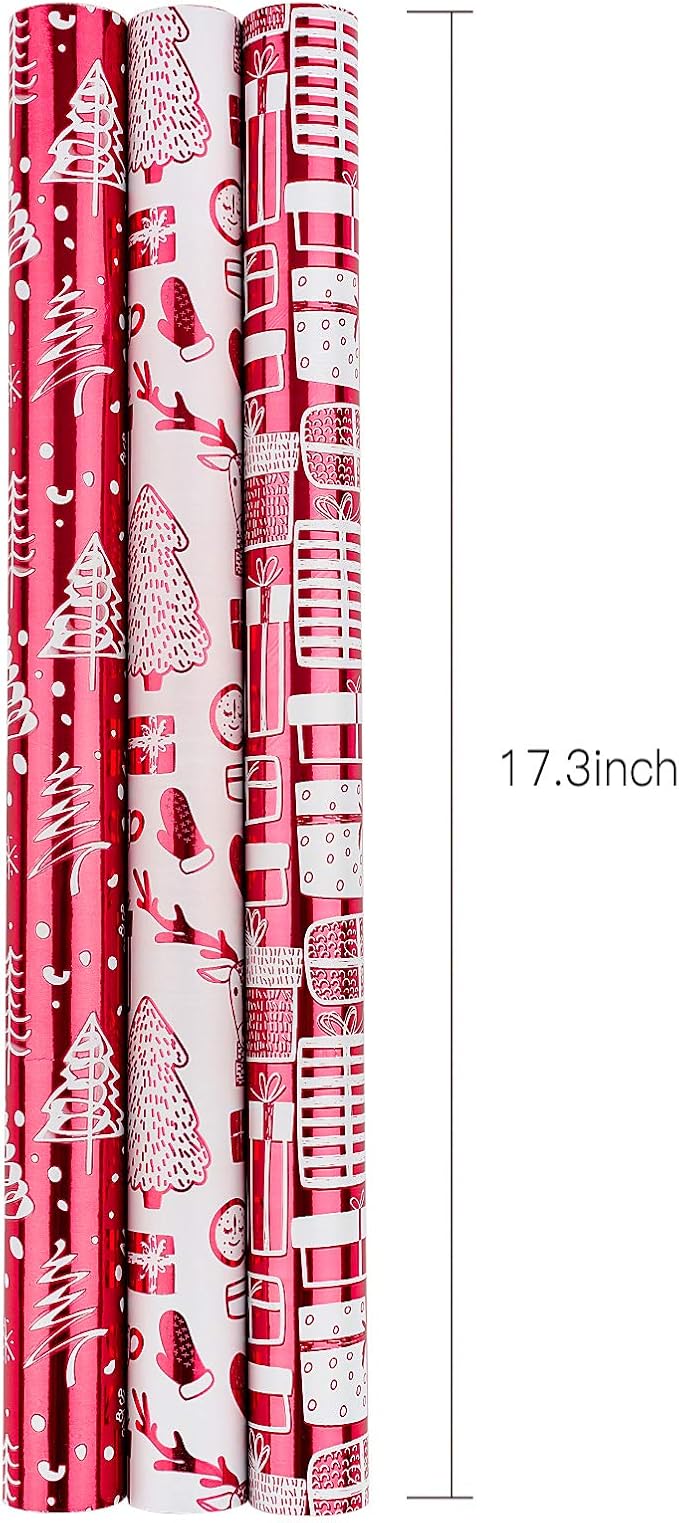 MAYPLUSS Wrapping Paper Roll - Mini Roll - 17 inch X 120 inch Per roll - 3 Different Red and White Christmas Design with Glitter Metallic Foil Shine (42.3 sq.ft.ttl)