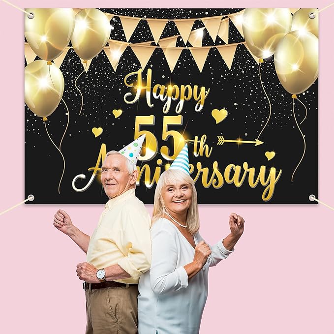 HAMIGAR 6x4ft Happy 55th Anniversary Banner Backdrop - 55 Wedding Anniversary Decorations Party Supplies - Black Gold