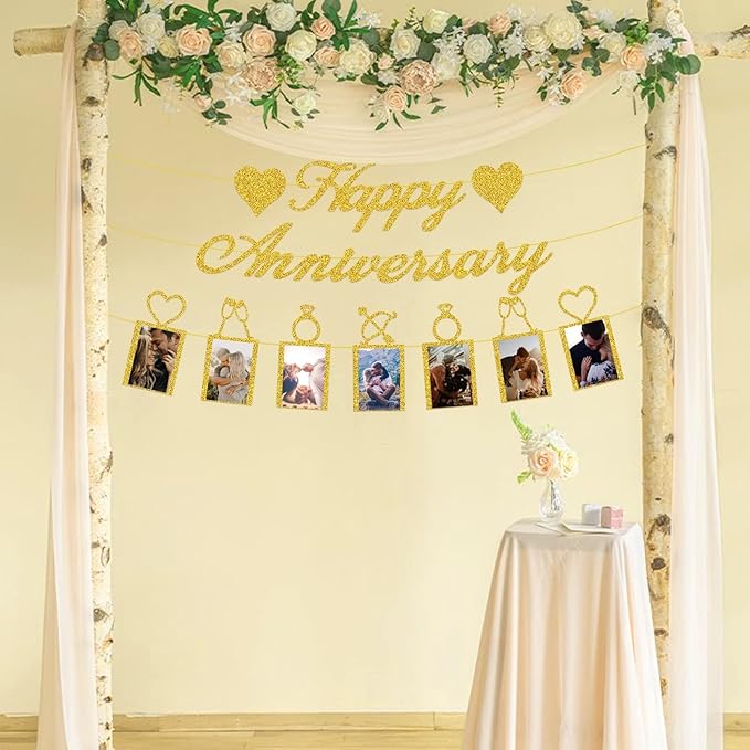 Happy Anniversary Party Decorations - Banner and Photo Banner for Wedding Party Decor
