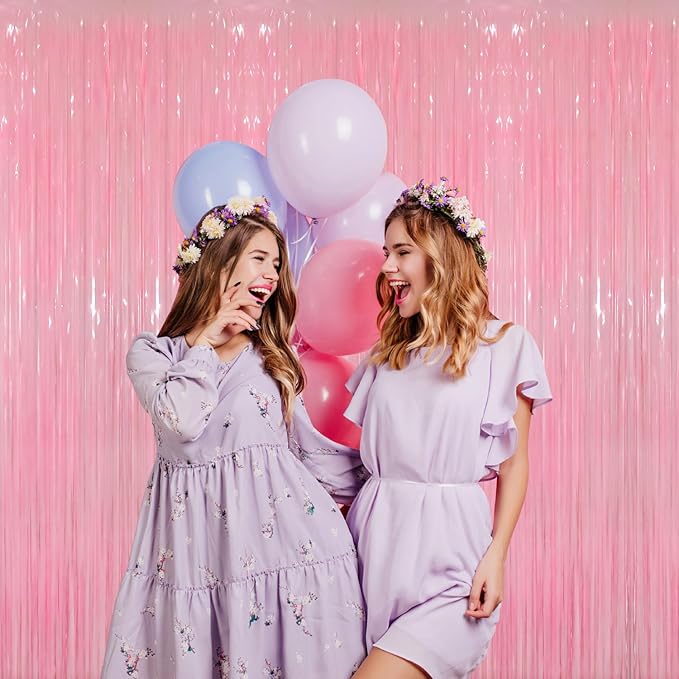 GOER 6.4 ft x 8.2 ft Metallic Tinsel Foil Fringe Curtains Party Photo Backdrop Party Streamers for Birthday,Graduation,New Year Eve Decorations Wedding Decor(2 Packs,Candy Pink)