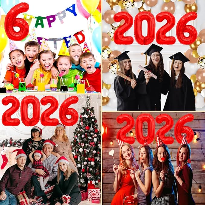 2026 Balloons, 2026 Number Balloons, 2026 Red Balloon, Foil Happy New Year Balloon for New Year Eve Party Supplies 2026 Graduation Decorations Anniversary Birthday Home Office Decorations, 16 Inch