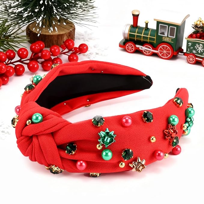 TODDER Red Christmas Knotted Headband, Santa Embellished Pearl Rhinestone Crystal Headband for Women and Girls Christmas Hair Accessories Costumes and Gifts for Themed Parties and Holiday