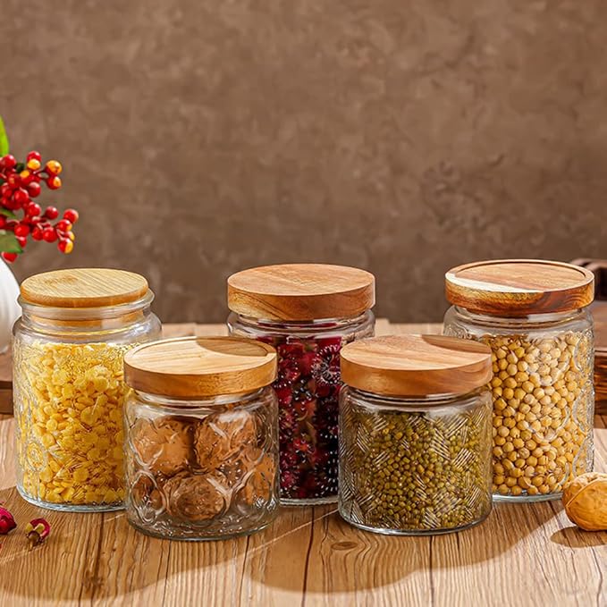 ANSQU 4 Pack Vintage Glass Storage Jar, 16.9 FL OZ Glass Canister Storage Jar Container with Airtight Wooden Lid for Kitchen Counter, Pantry, Coffee, Tea, Sugar, Cookie Jars (Begonia&Sunflower)