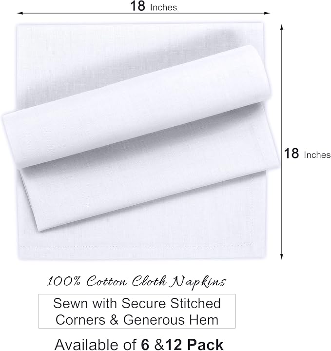 Ruvanti Premium Cloth Napkins Set of 6, 18x18 Inches, 100% Cotton, Washable, Soft & Absorbent, Perfect for Wedding, Christmas, Thanksgiving Dinners - White