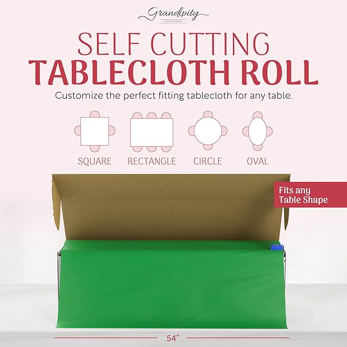Grandipity Plastic Tablecloth Roll - 54in x 100 Ft. Green Plastic Table Cloths for Parties Disposable with Cutter Box - Cut to Size Disposable Tablecloth Table Cover for Rectangle & Round