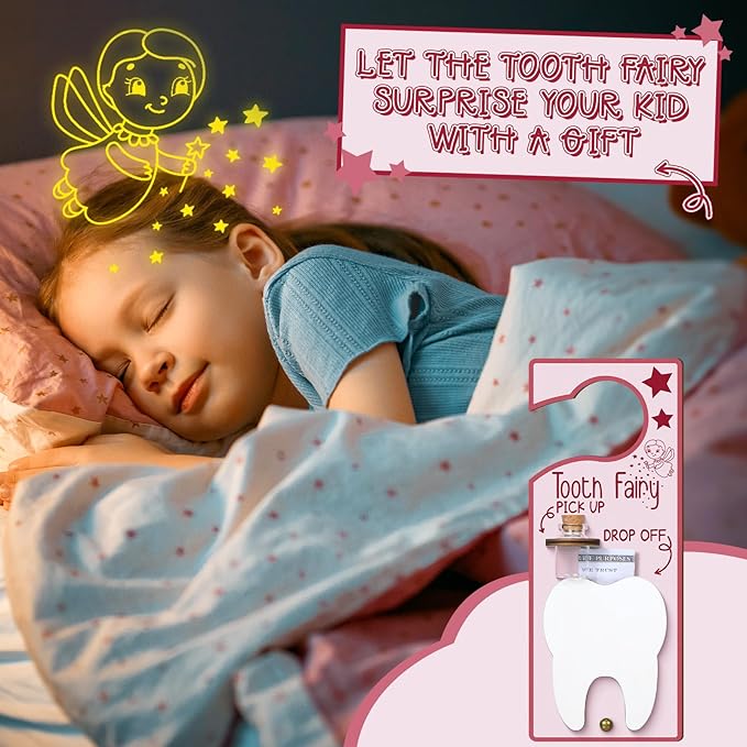 Tooth Fairy Holder Bag Door Hanger with Money Slot Keepsake Bottle Velvet Pouch Teeth Fairy Box Encourage Gift for Lost Teeth Boy Girl Milk (Fresh,Pink)