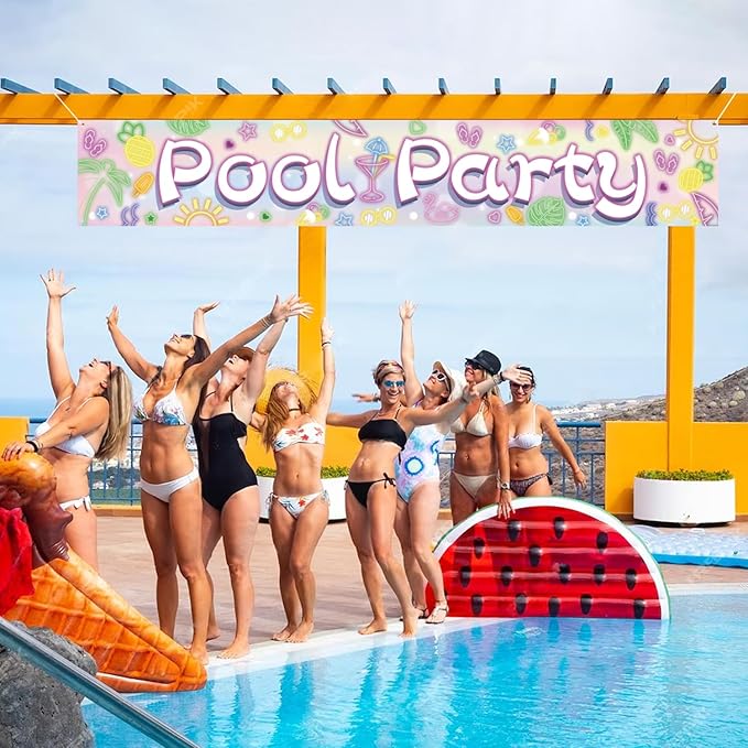 Neon Pool Party Banner - Summer Themed Hawaiian Outdoor Decorations for Baby Shower, Birthday and Swimming Pool Parties(Pool Party Neon)
