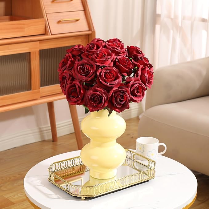 Tifuly 100 Pcs Red Roses Artificial Flowers Bulk, Realistic Long Stem Fake Silk Roses Bouquet for Wedding Centerpiece Table Vases Party Home Kitchen Decor(Burgundy)