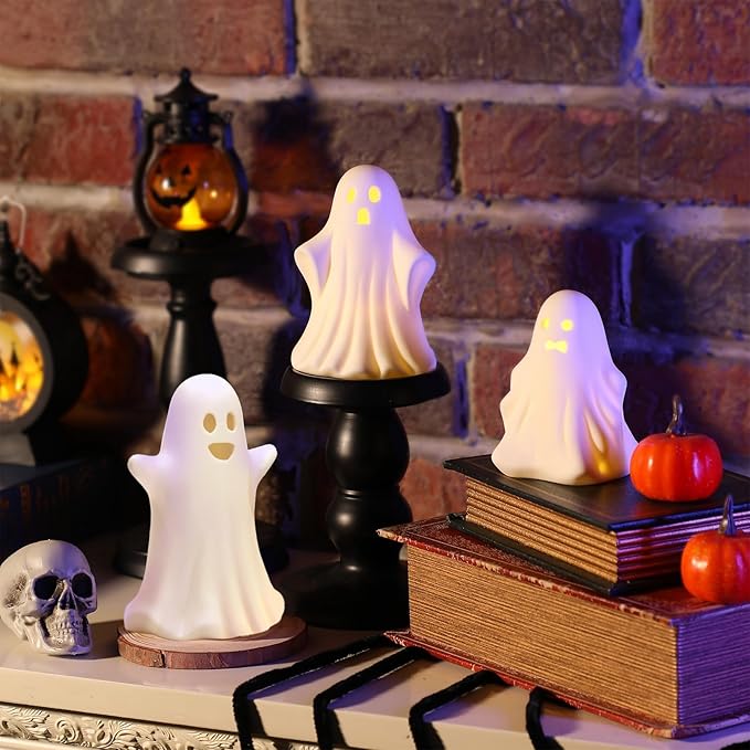 Halloween Ghost Decorations - 3 Pcs Gothic Ceramic Ghost Light Up Decor, White Ghost Figurine for Halloween Table Home Decorations Indoor