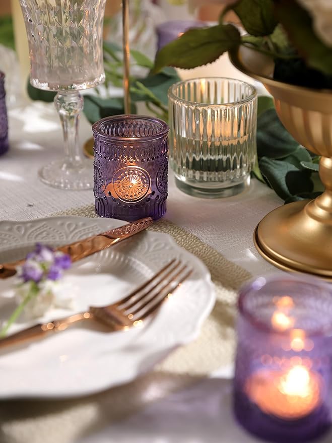 24pcs Purple Votive Candle Holders for Table Centerpieces, Glass Tea Lights Candle Holder for Bridal Shower, Baby Shower Decrations, Boho Tea Party Purple Decor, Gifts for Women