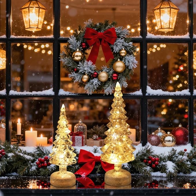 YEAHOME Christmas Decorations Indoor, Set of 2 Glass Christmas Trees with Lights for Home Decor, Christmas Table Decorations Xmas Tree with Timer for Living Room Fireplace Mantel Tabletop Party Decor