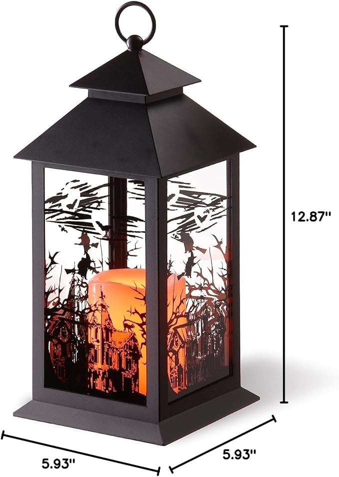 National Tree Company Halloween Lantern with LED Lights, Carved Images of Witches, Haunted House, 12 inches