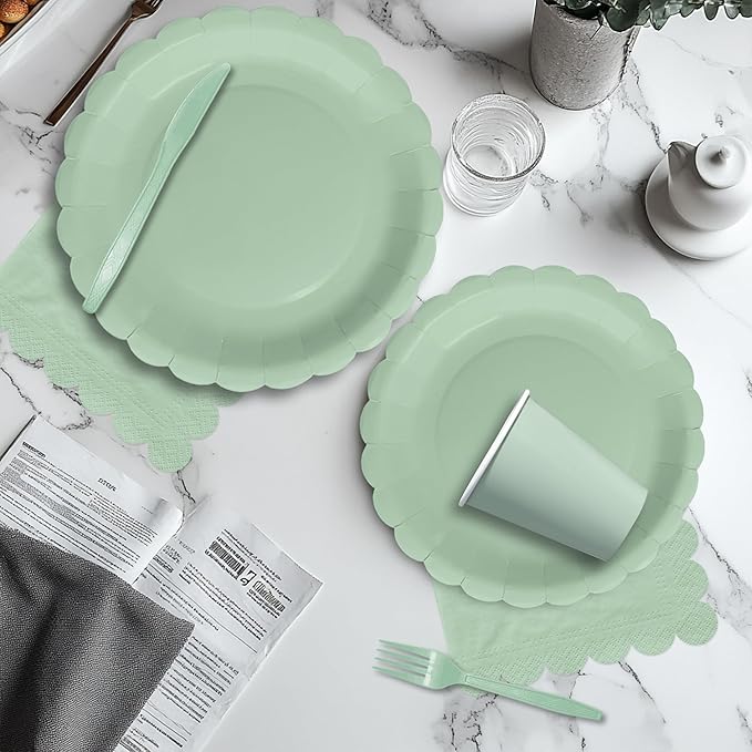 Sage Green Party Decorations Supplies Tableware, Light Green Paper Plates And Napkins, Tablecloth Printed Table Runner, Cutlery, for Birthday Baby Bridal Shower Wedding Anniversary, Serves 24