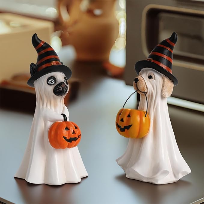 Halloween Decorations Halloween Ghost Figurine, Sculpted Hand-Painted Cat Figurine Gift, Ghost Figurines for Home, Office, Desk Decor, Cute Ghost Decor Home Decor Indoor (White-Orange)