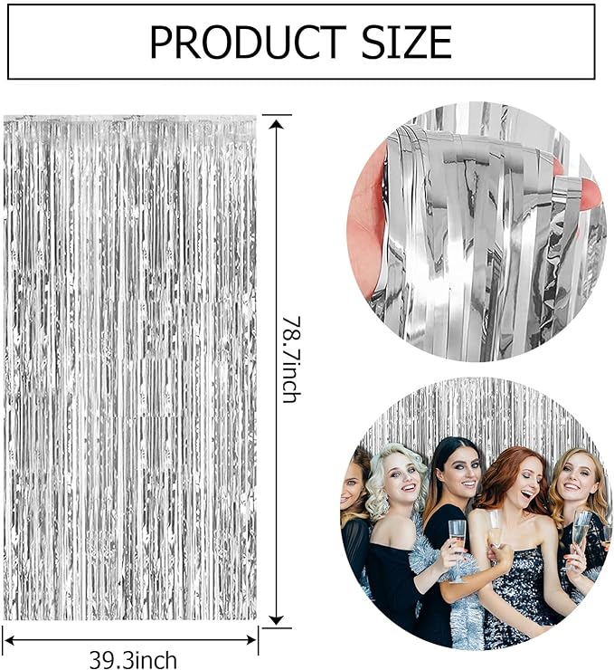 2 Pack Silver Backdrop Curtain Party Decorations Foil Fringe Backdrop Silver Tinsel Streamers Birthday Bachelorette New Year Christmas Wedding Baby Shower Disco Party Decorations