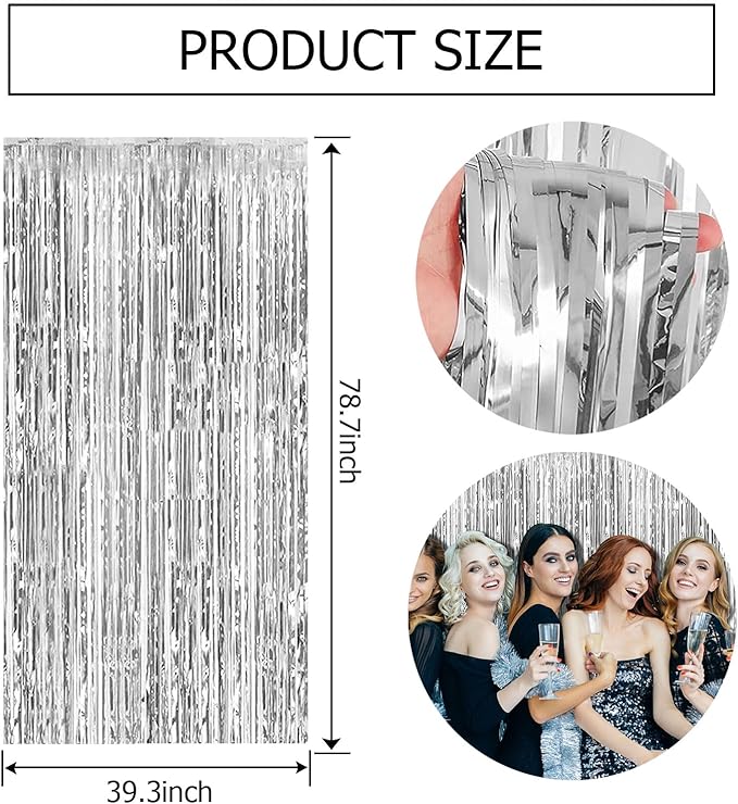 3 Pack Silver Foil Fringe Backdrop Curtains Party Streamers Metallic Tinsel Birthday Backdrop Christmas Bachelorette New Year Engagement Graduation Disco Party Decorations Glitter Backdrop