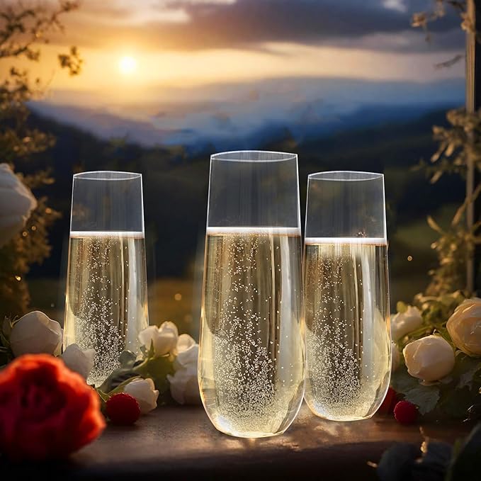 SUT 24PCS Stemless Plastic Champagne Flutes - 9oz plastic champagne glasses disposable, disposable champagne glasses, mimosa glasses plastic for Wedding Parties & Shower