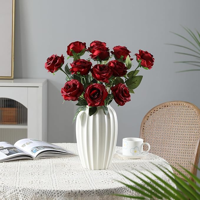 Tifuly 50 Pcs Red Roses Artificial Flowers Bulk,Realistic Long Stem Fake Silk Roses Bouquet for Wedding Centerpiece Table Vases Party Home Kitchen Decor(Burgundy)