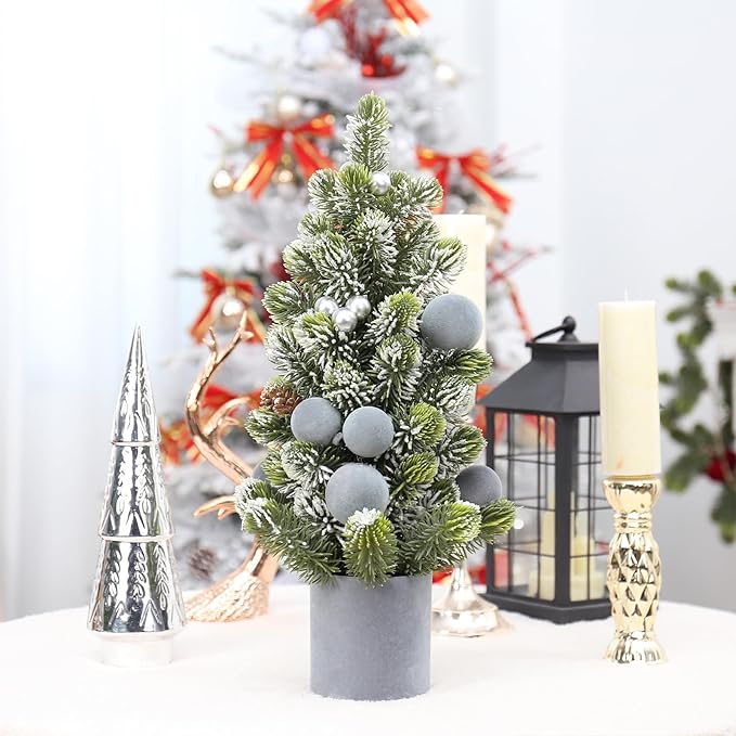 SY Super Bang Small Christmas Tree, 18Inch Grey Artificial Velvet Ball Berry Mini Tabletop Tree Christmas Decorations, for Home Party Thankgivings Xmas Indoor Decor.