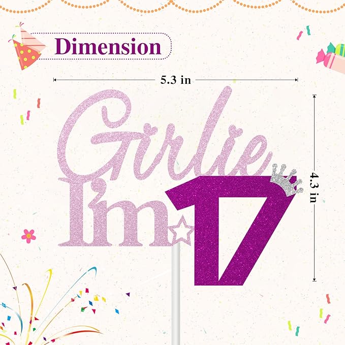 Girlie I'm 17 Cake Topper, 17th Birthday Decorations for Girl, Glitter Funny 17th Birthday Cake Topper, Girlie 17 Year Old Birthday Party Decoration Supplies