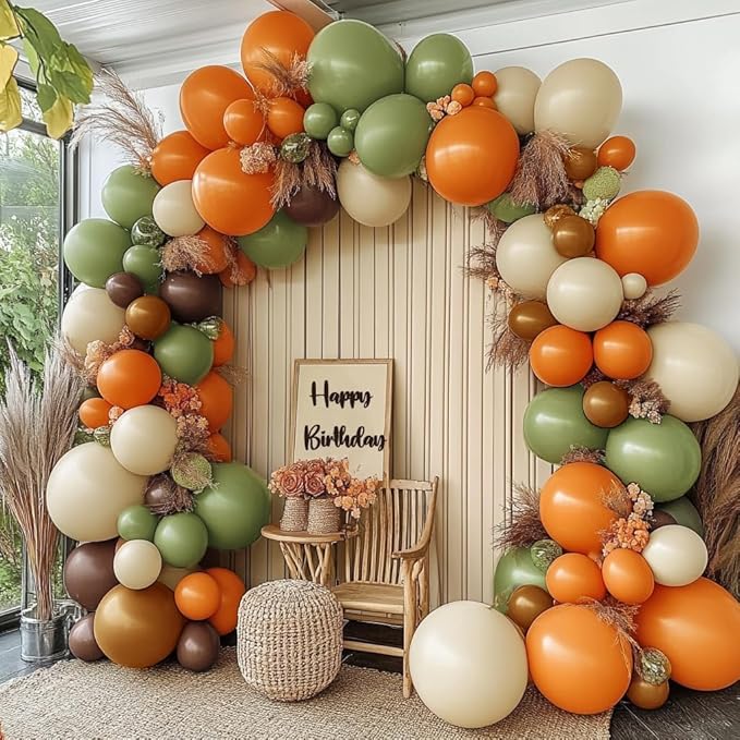Green Orange Brown Balloon Garland Double Stuffed Dusty Green Dark Brown Balloons White Sand Coffee Fall Balloon Arch Kit for Birthday Woodland Baby Shower Dinosaur Autumn Theme Party Decoration