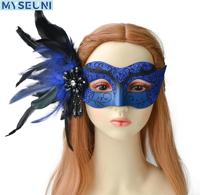 2025 New Blue and Black Masquerade Mask for Women with Feathers - Womens Mascarade Venetian Mask for Masquerade Party, Mardi Gras, Halloween Cosplay Prom, Christmas