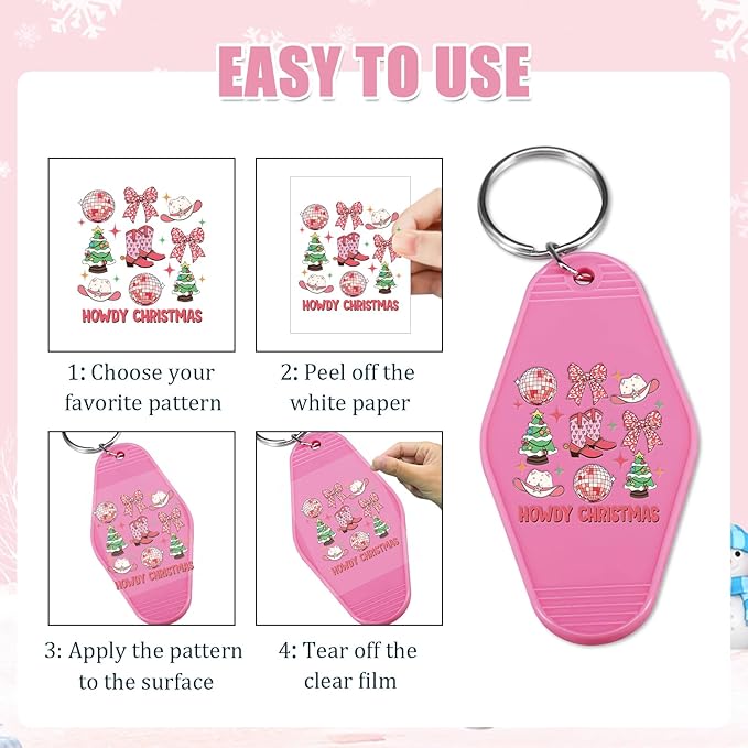 Christmas UV DTF Stickers - 80 Sheets Pink Christmas UV DTF Decals for Motel Keychain, Western Xmas Bow Santa Snowman Rub on Transfer Stickers, DIY Hotel Keychain Blank Personalized Crafts