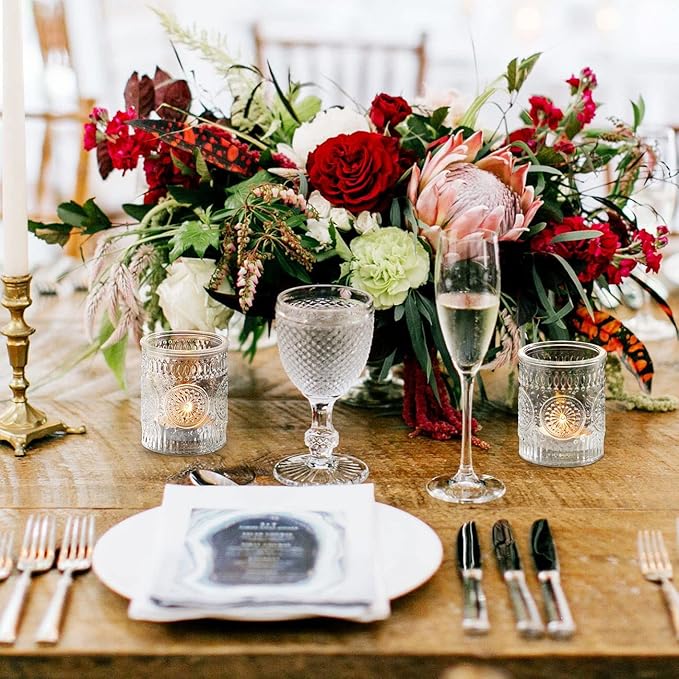 DEVI 24pcs Clear Glass Votive Candle Holders, Vintage Candle Holder for Votives&Tea Lights&Floating Candles, Wedding Decorations for Receptions, Valentine Wedding Centerpieces Table Decoration