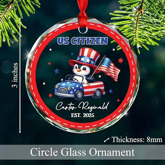 Customized Penguin US Citizen Glass Christmas Ornament 2025, Personalized Year & Name New American Citizen Keepsake Xmas Ornaments Gift for Men Women Boys Girls Sister Brother, New Citizens Ornament