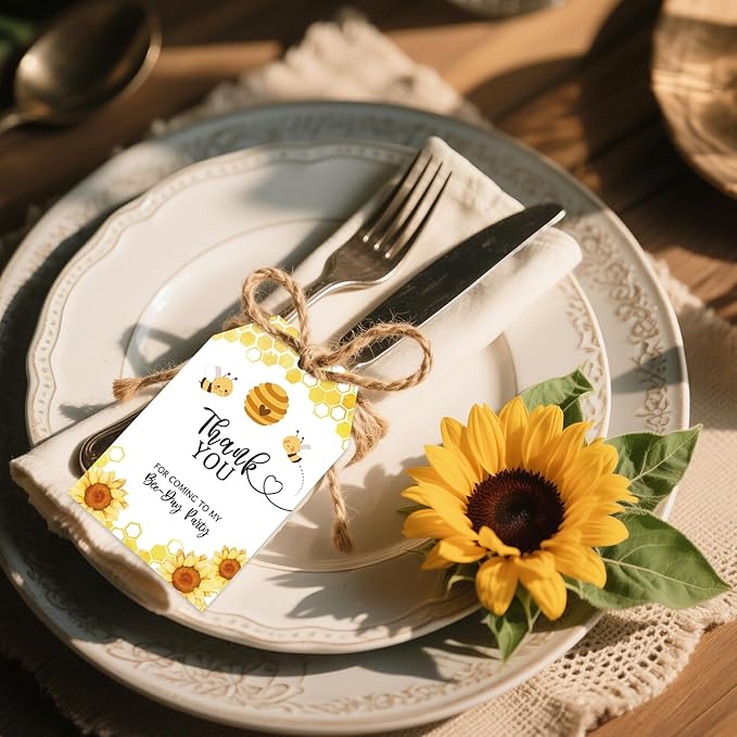 G2PLUS 50Pcs Bee Thank You Tags, Thank You for Coming Tags for Gender Reveal, White Paper Sunflower Bee Gift Tag with String for Baby Shower, 1st Birthday, Wedding Bridal Shower Party Favors