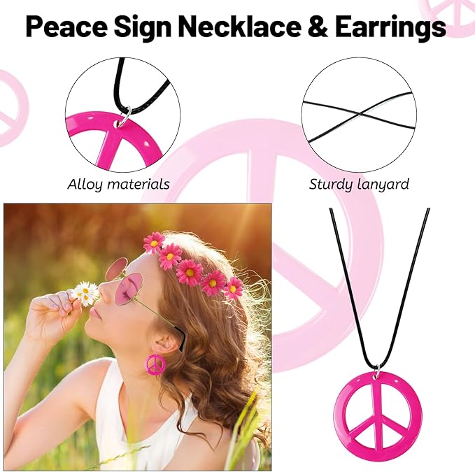 Hippie Costume Set Includes Peace Sign Necklace and Earring, Flower Crown Headband and Sunglasses 60s 70s Party Accessories