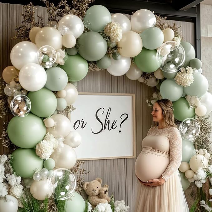 Dusty Green White Balloon Arch Double Stuffed Light Sage Green White Sand Pearl Balloon Garland Kit Olive Beige Cream Balloons for Baby Shower Birthday Bridal Wedding Woodland Wild One Party Decor