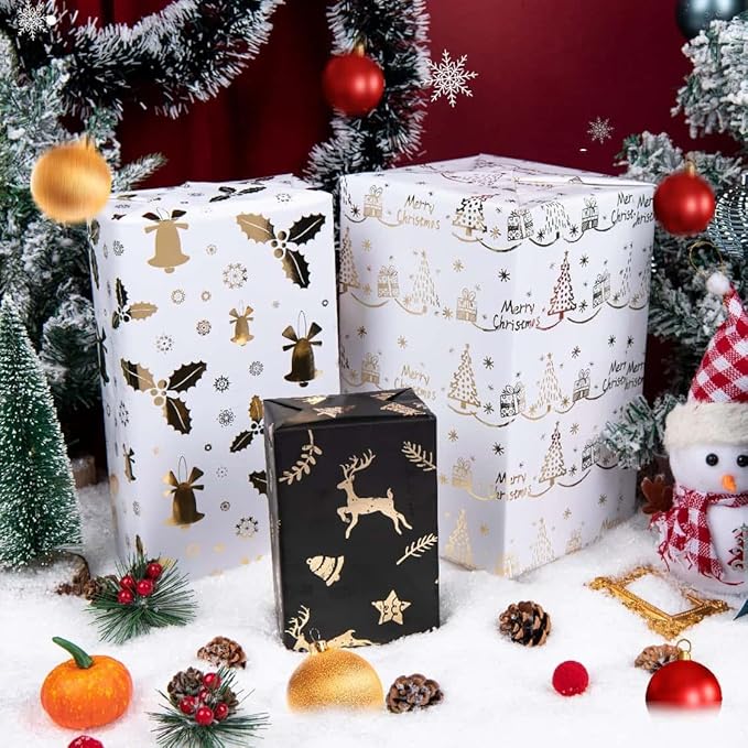 Linnoptimix Christmas Wrapping Paper Rolls -3 LARGE ROLL-27inch*78 inch per roll Colorful Foil Gold White Black Wrapping Paper (Christmas 2 White/Gold + 1 Black/Gold(004))