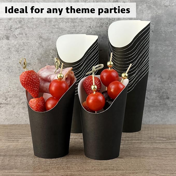 CAMKYDE 50 Charcuterie Cups + 200 Cocktail Picks + 56 Labels, 12 oz Disposable Charcuterie Cups with Sticks (2 Types), French Fry Cups Brown Paper Appetizer Cups for all Occasions(Black)
