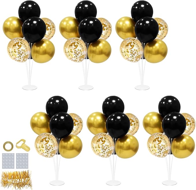 6 Set Balloon Stand with Balloons, Black and Gold Party Decorations, Birthday Graduation Retirement Father's Day Halloween New Years Decorations 2025