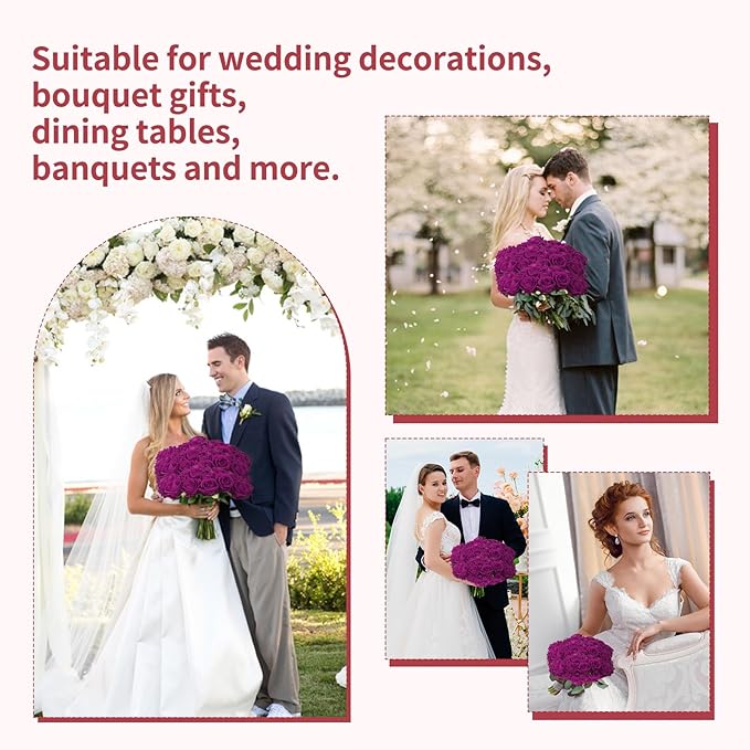 102 PCS Fake Roses Artificial Flowers Bulk, Purple Roses Bridal Bouquet Silk Faux Rose with Stems for Wedding Flowers Decoration, Valentine's Day, Bridal Bouquet,Anniversary,Home Decor (102PCS,Purple)