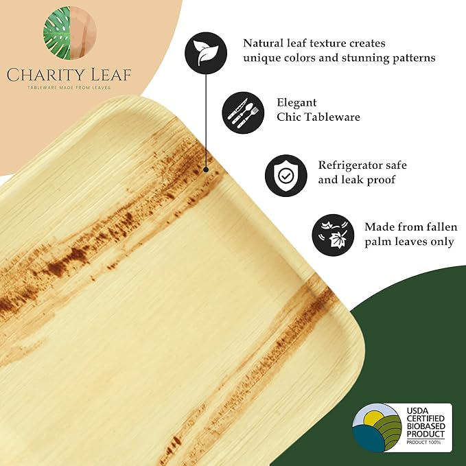 Charity Leaf Disposable Palm Leaf 5" Square Bowl (200 pcs) Dipping Bowls | Bamboo Like| All Natural and Biodegradable | Charcuterie Boards, BBQs, and Parties