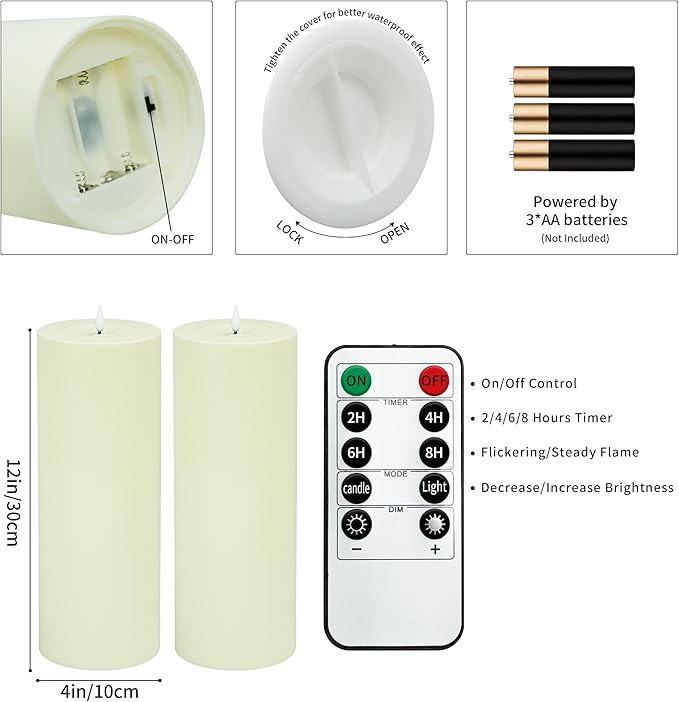 12" x 4" Large Outdoor Candles with Timer Waterproof Flickering LED Flameless Candles Battery Operated with Remote Fake Pillar Candles Realistic for Patio Porch Lanterns, Ivory 2 Pack